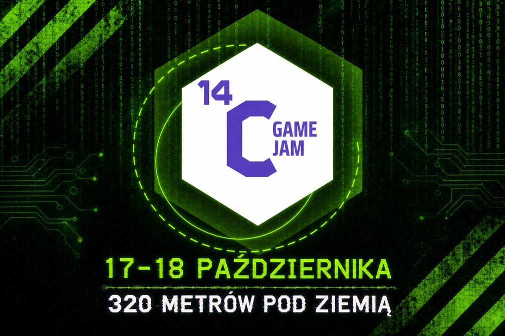 grafika wydarzenia Game Jam. Wydarzenie od 17 do 18 października 320 metrów pod ziemią w Kopalni Guido